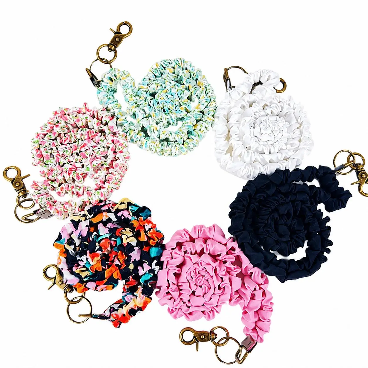 Boho-Style Elastic Scrunchie Lanyard Set (4-Pack) with Vintage Bronze Hardware - Soft Stretch Fabric Neck Strap for Phones, IDs, Keys, Outdoor Gear, Vibrant Abstract Prints, Ideal for Hiking, Daily Use