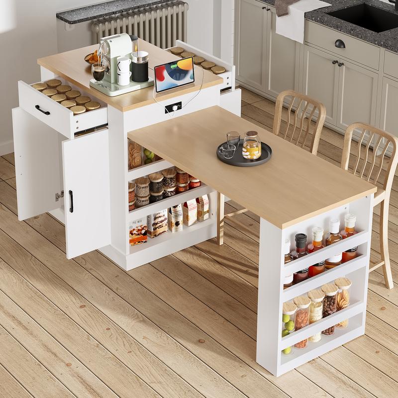 [Bellemave]Extendable island console with drawers, double-door cabinet, and open shelving.Serves as dining table, temporary breakfast bar, and afternoon tea lounge,White[Bellemave]