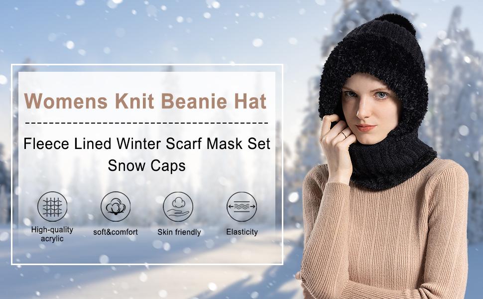 Women’s Knit Beanie Set - Fleece Lined Winter Hat Scarf Mask Plush Earmuff with Pompom Snow Cap​