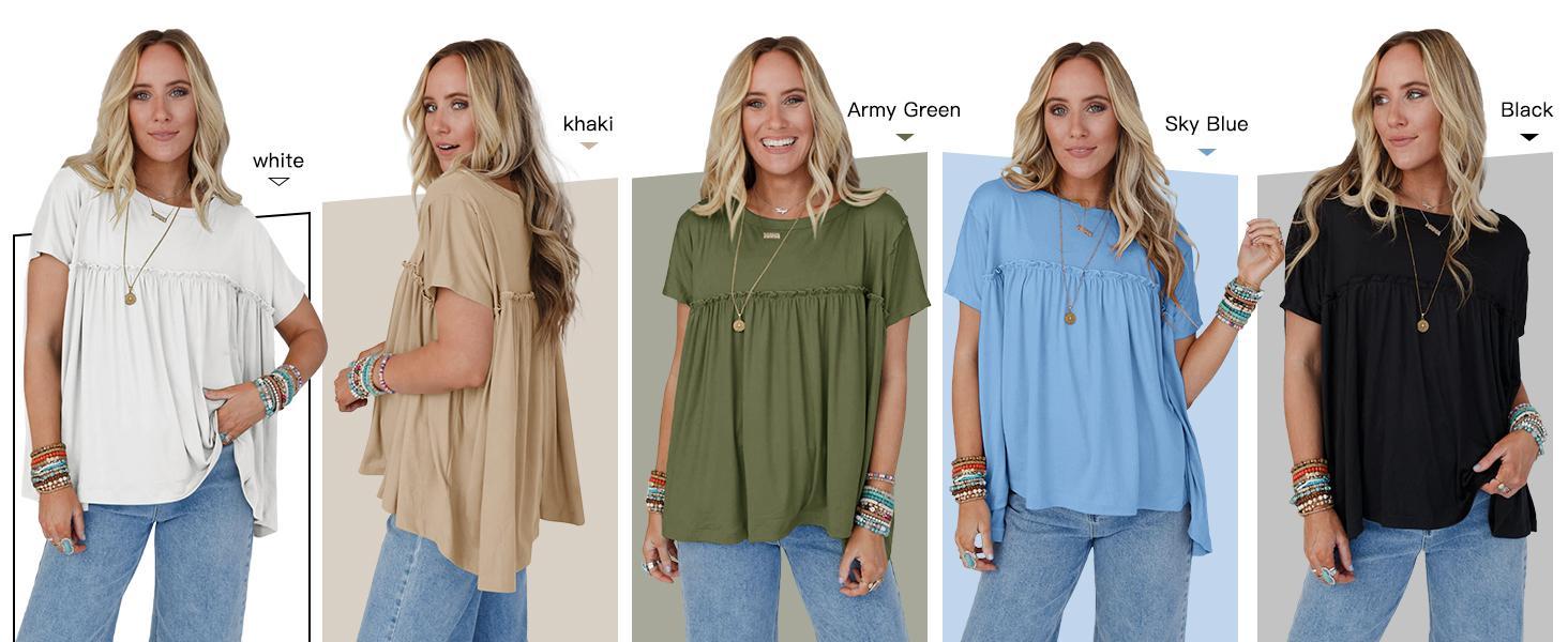 Womens Summer Babydoll Tunic Tops Pleated Short Sleeve Crew Neck Peplum T Shirts Casual Loose Fit Outfits Womenswear Blouse church outfit Breathable Chic