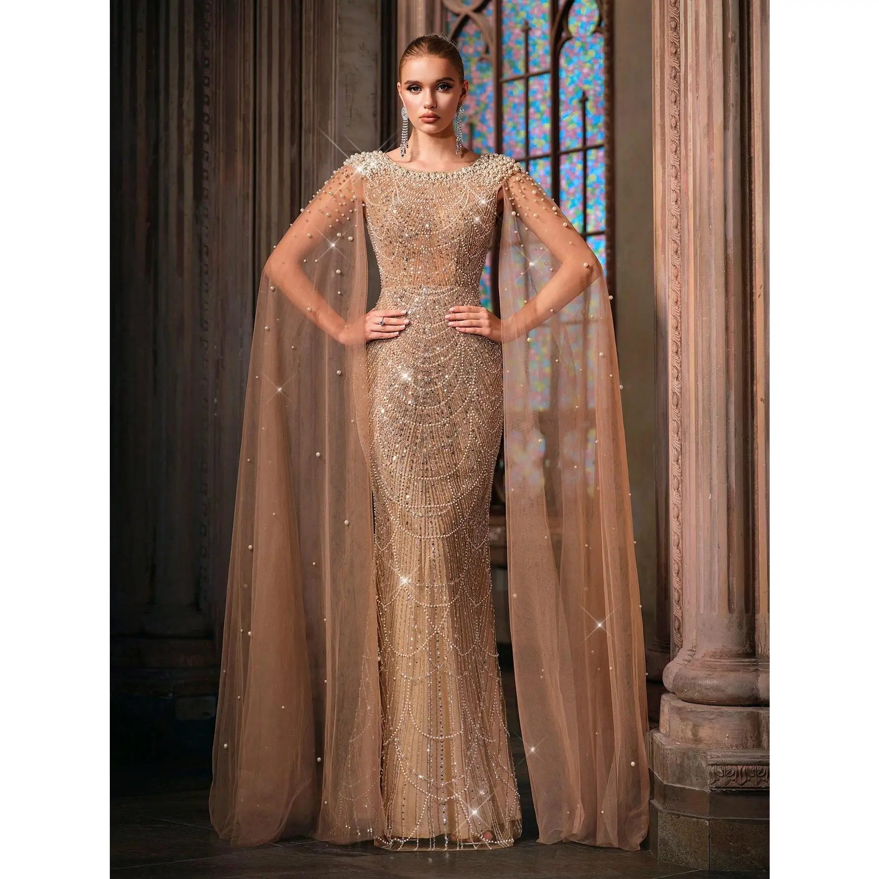 Women's High Neck Full Pearl Cape Mermaid Maxi Gown, Mesh Hand Beaded Floor Length Formal Evening Dress
