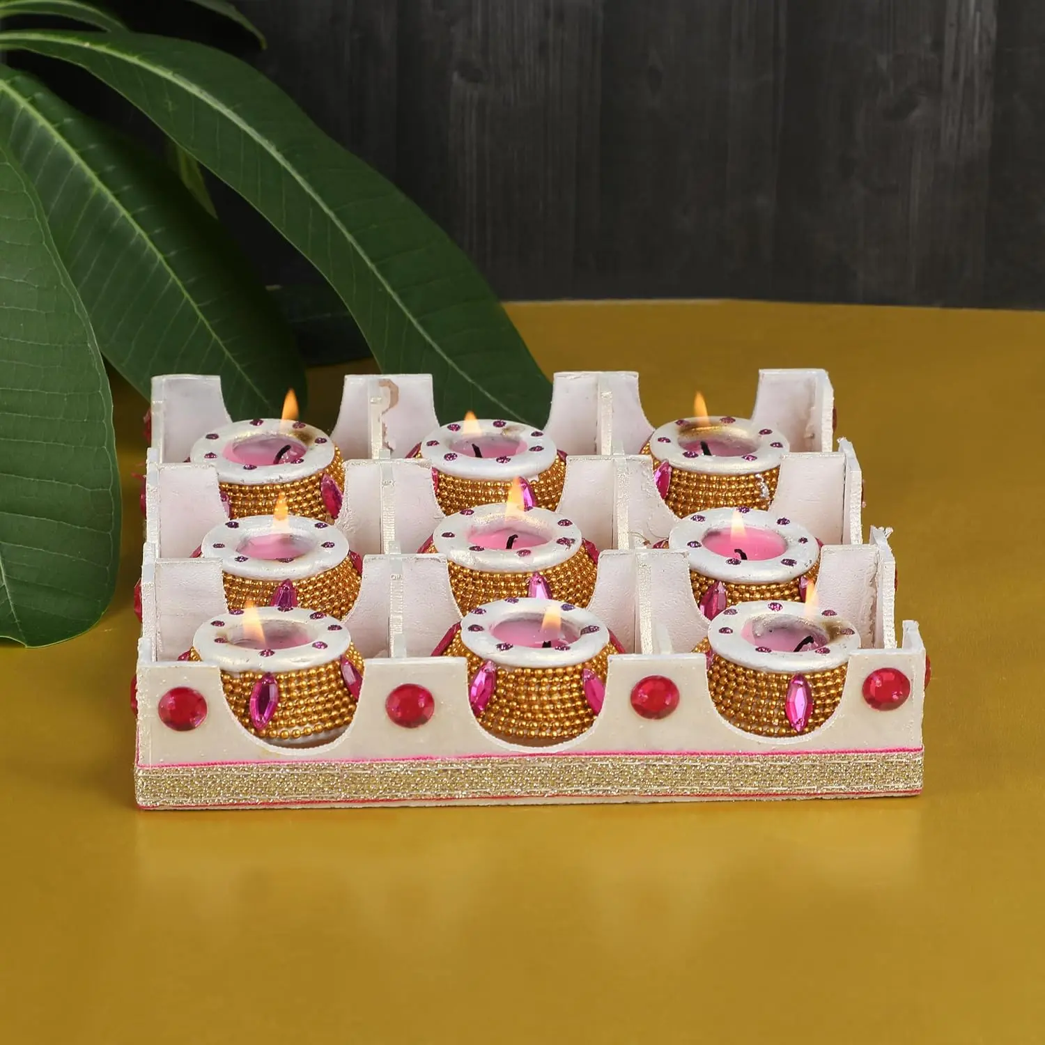 9 count Set  and White Decorated Clay MATKI Wax Filled Diya | Diwali Pooja  Dia | Terracotta -  EARTHEN Diya - Handpainted with MDF  Package (Small)
