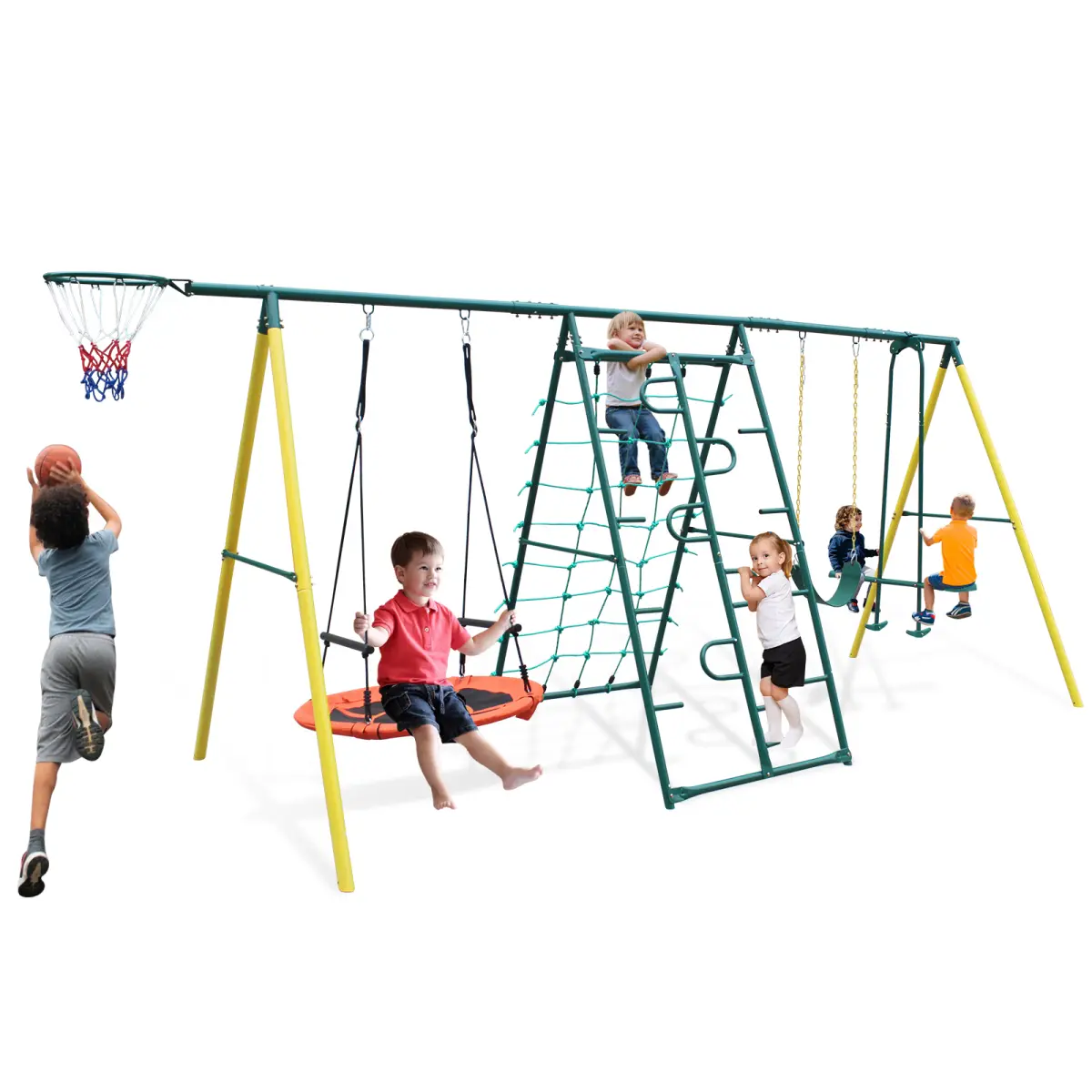 Heavy Duty Steel A-Frame Swing Set - 2-Seat Saucer & Belt Swings, 700 lbs Total Load, 100 lbs Per Seat, 48.03*39.76*44.09 in, Sports Outdoor Play Equipment for Kids, Easy Assembly for Backyards & Parks, Double Seats
