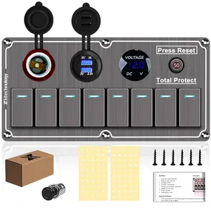 Rocker Switch Panel, Aluminum Waterproof 8 Gang Toggle Switch Panel with Dual USB and Voltmeter for RVs, Cars, Boats, Trucks, Trailers 12-24V Grey