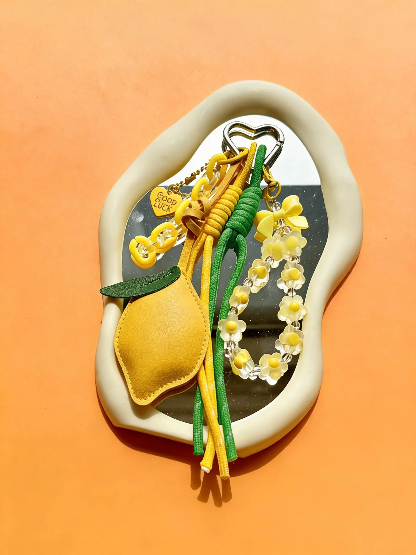 Bag Charm Leather Lemon Flower Beaded Keychain Yellow And Green Color-Blocked Woven Rope Heart-Shaped Buckle Pendant Used For Bag Keys Fresh And Healing Suitable For Campus, Work, And Travel Holiday Gifts For Friends