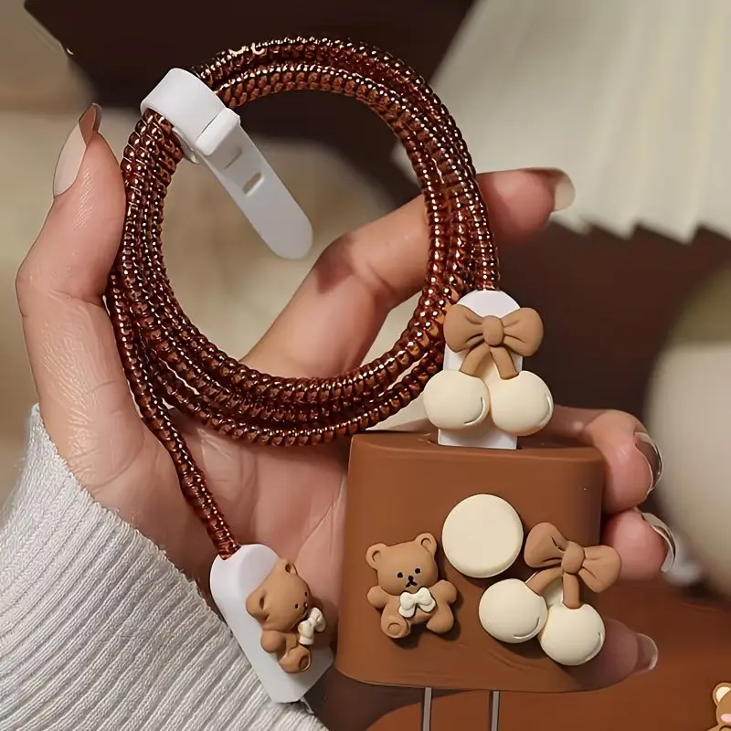 Cute Rabbit and Bear Design Charger Protector, Anti-Drop USB Cable Sleeve, Pet-Proof Data Cord Organizer, Gift for iPhone Users