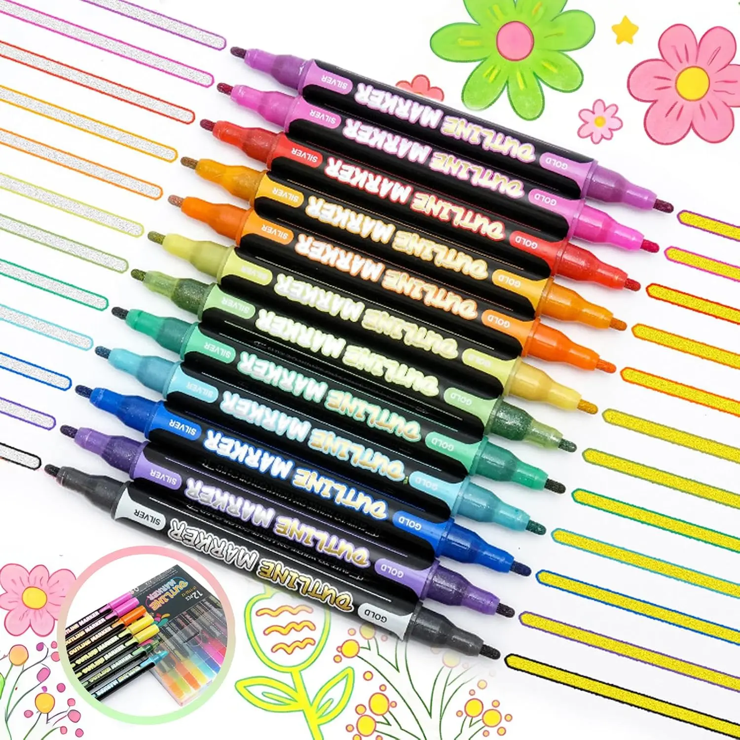 Self Outline Metallic Markers Double Line Outliner Pens Set, Glitter Shimmer Pens Set for Coloring DIY Cards Art Supplies (12 PCS/24 Colors)