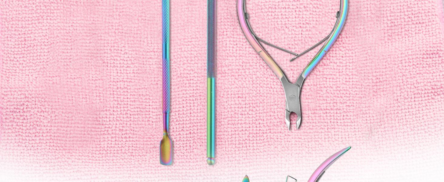 Cuticle Trimmer with Pusher, Nail Trimmer Set, Professional Manicure & Pedicure Kit, Cuticle Remover Tool Kit, Rainbow