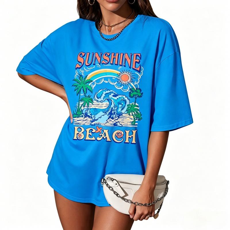Oversized Hawaiian Shirts,Women Sunshine Beach Tshirt,Hawaii Tropical Tops,Beach Graphic Shirt,Summer Vacation Tee Top,100% Cotton, comfortable, Casual