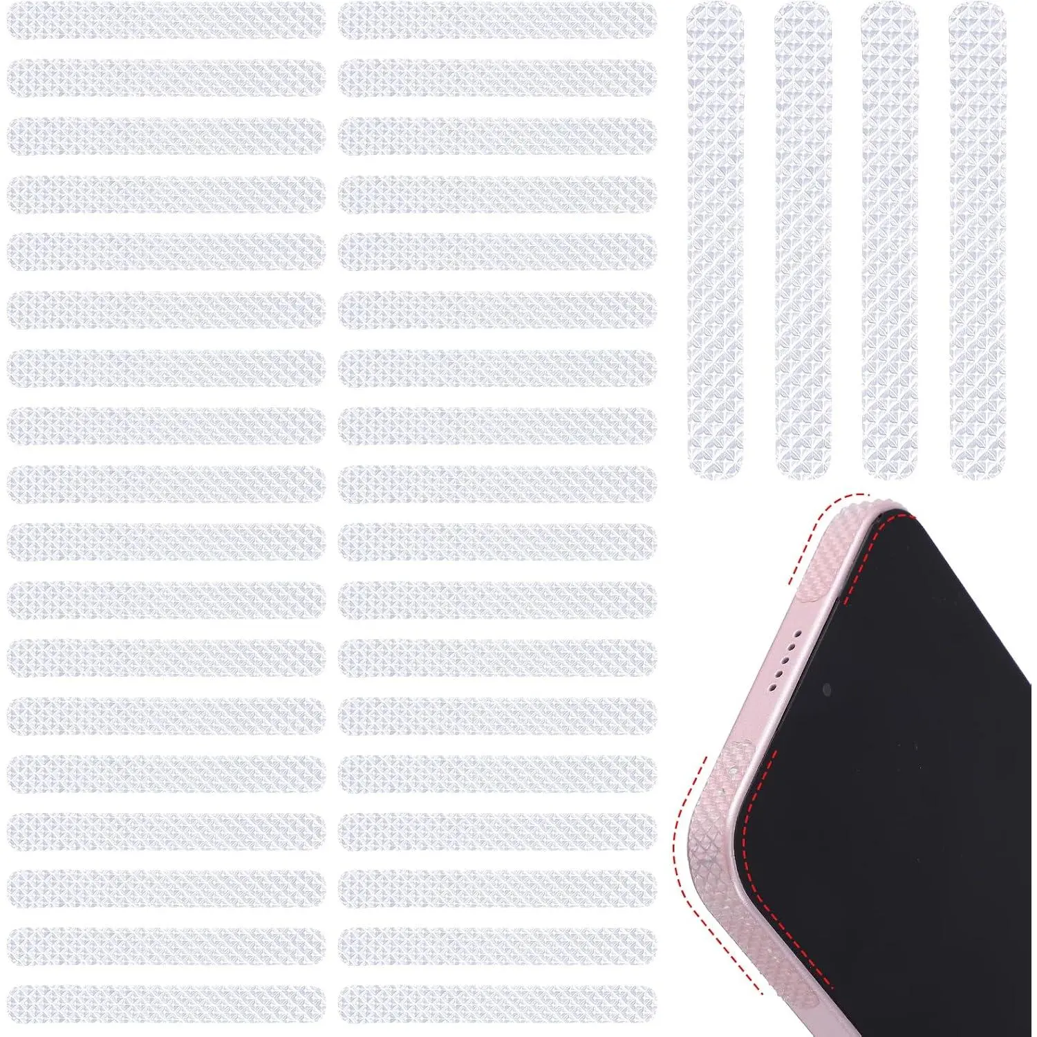40 count Cell Phone Grip Tape Strips, Adhesive Rubber Grippy Bumper Frame Stickers Transparent Non Slip Side Sticker for Phone Case Commuter Series Cases Smartphone Tablet Frame
