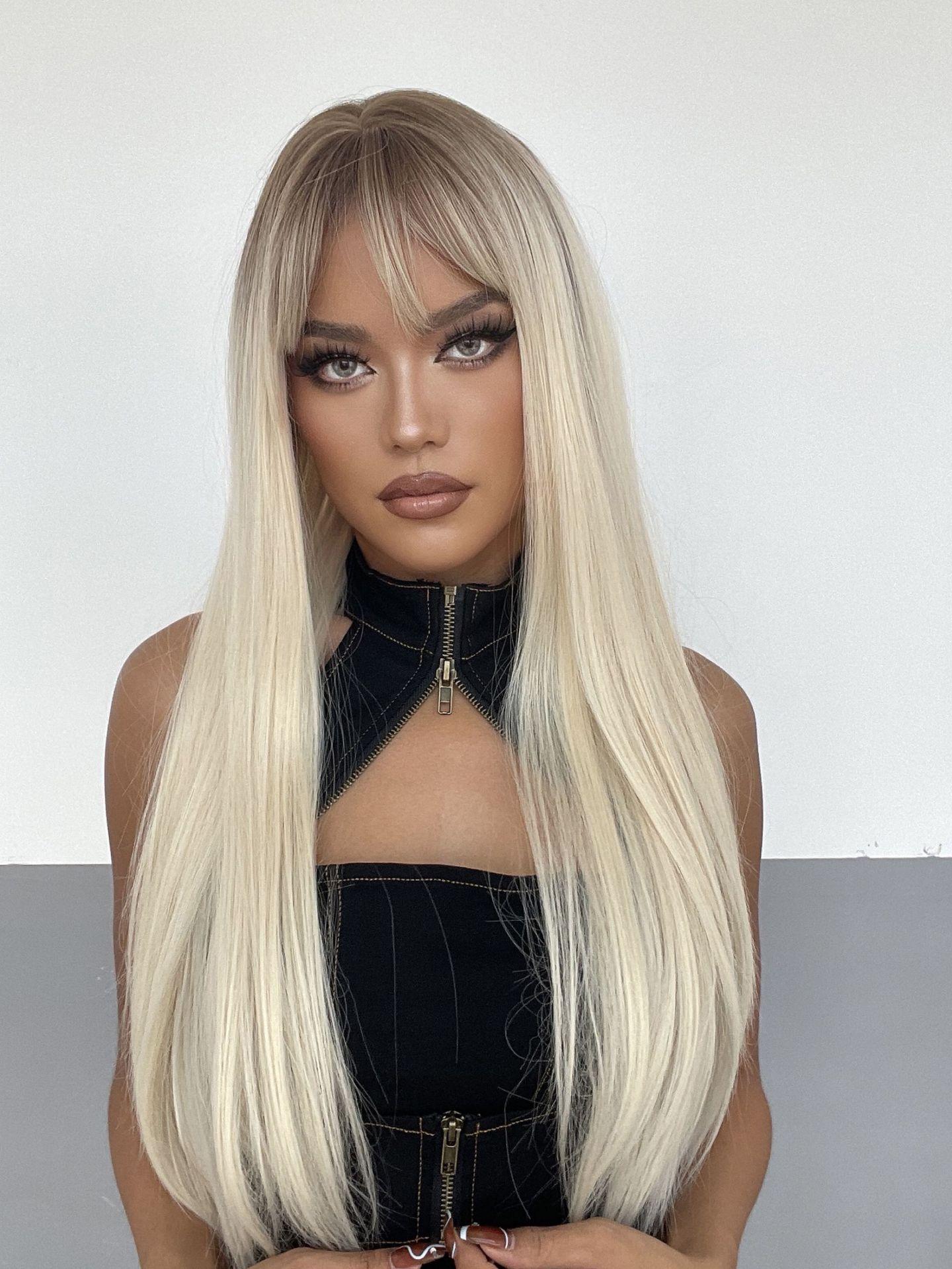 Latest Gray Ombre Straight Hair Wig with Front Fringe High Temperature Synthetic Fiber Easy to Put On Glueless Ventilated European and American Fashion Hair Topper