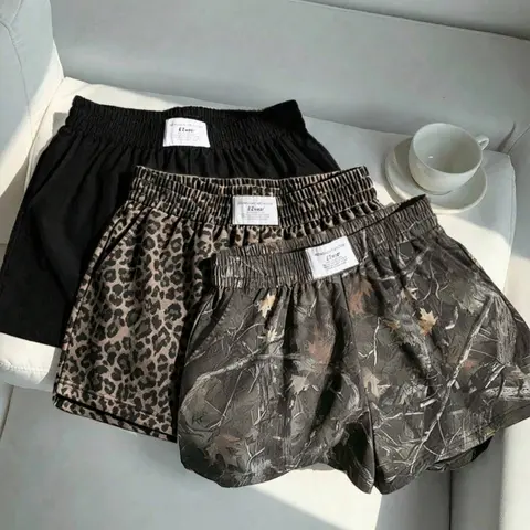 3-Piece Y2K Street Retro Style Casual Leopard Print & Full Printed Shorts with Side Pockets, Loose Loungewear for Women, Suitable for Summer Daily Home and Outdoor Wear, Everyday Lounge Shorts