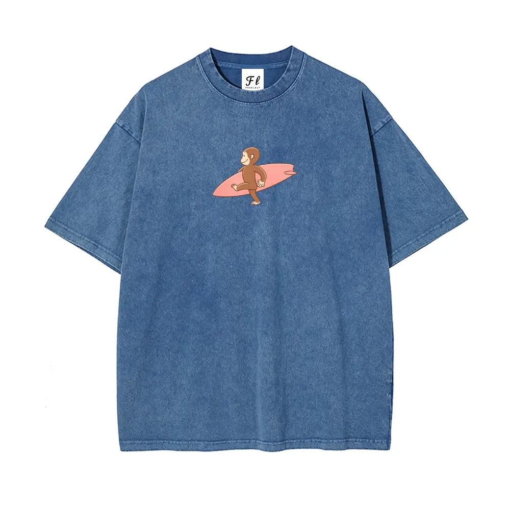 Unisex Classic Cartoon Monkey with Surfboard Summer Beach Vacation Graphict Washed T-Shirt Personalized Pattern Y2k Clothing Round Neck Washed T-Shirt,Women's Clothing 100% Cotton, Menswear, Top, Vintage Style,Summer Casual Oversized