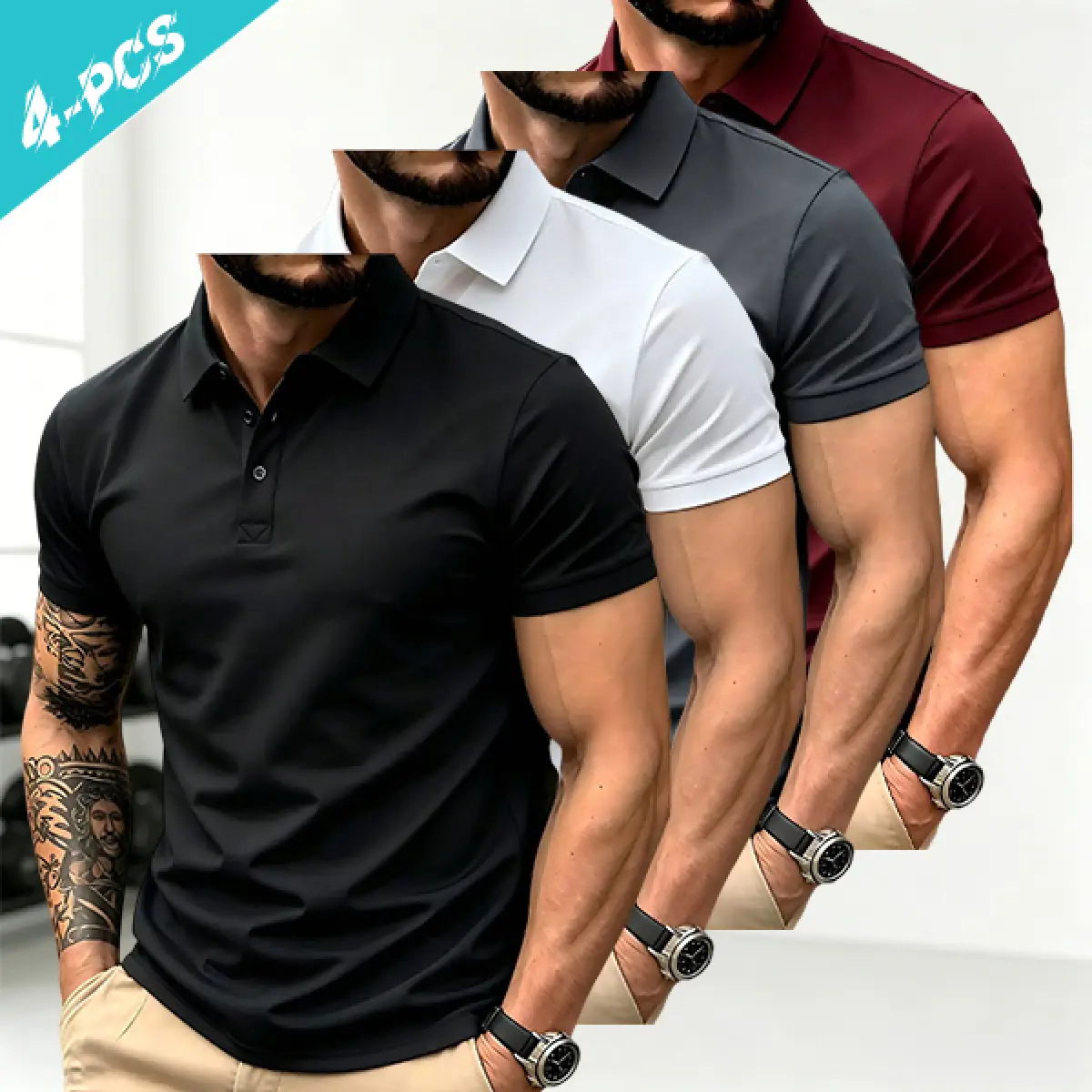 4PACK Men’S Casual Polo Shirt Solid Color Button-Up Basic Versatile Gym Tee Bowling/Golf Clothing, Suitable Everyday Wear, Summer Business Style Menswear Top Mans Poloshirt Regular Fit Cropped Polo Shirts For Men Tees