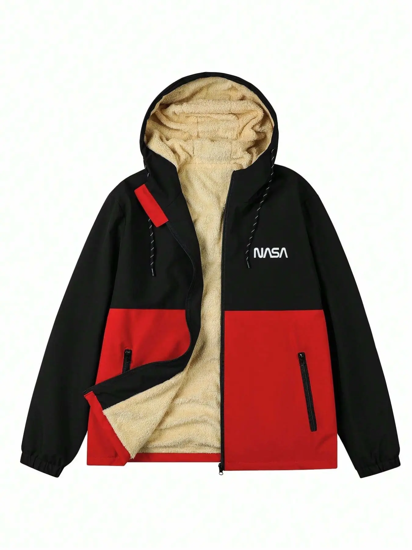 Men's Casual Warm Jacket, Nasa Letter Patch Fleece Lined Hoodie, Windproof Waterproof Fall Winter Coat, Daily Wear Outerwear
