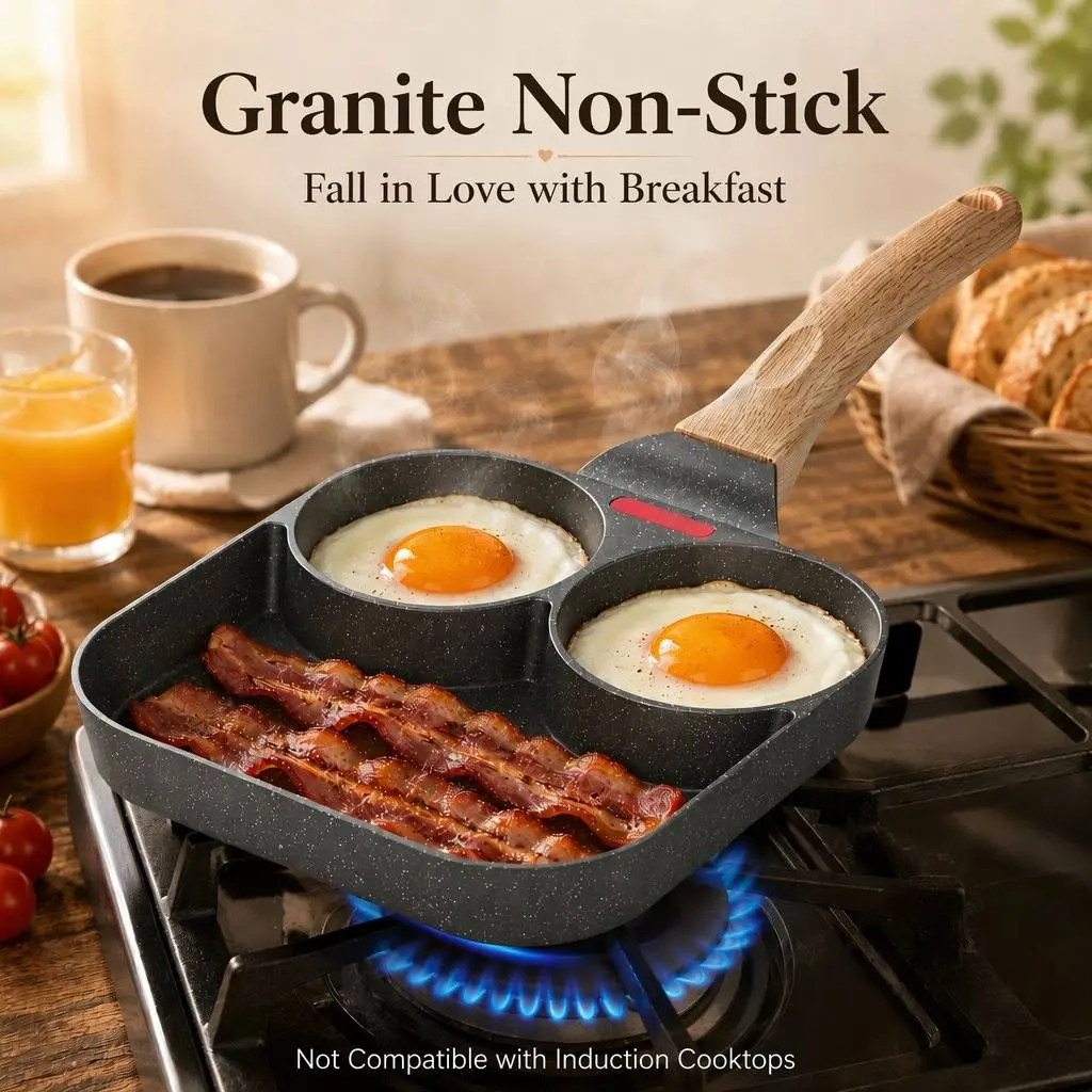Non-Stick Granite Coating Pan - Divided Sections Omelette Pan with Flat Aluminum Base, Dishwasher-Safe All-in-1 Cookware for Eggs, Burgers