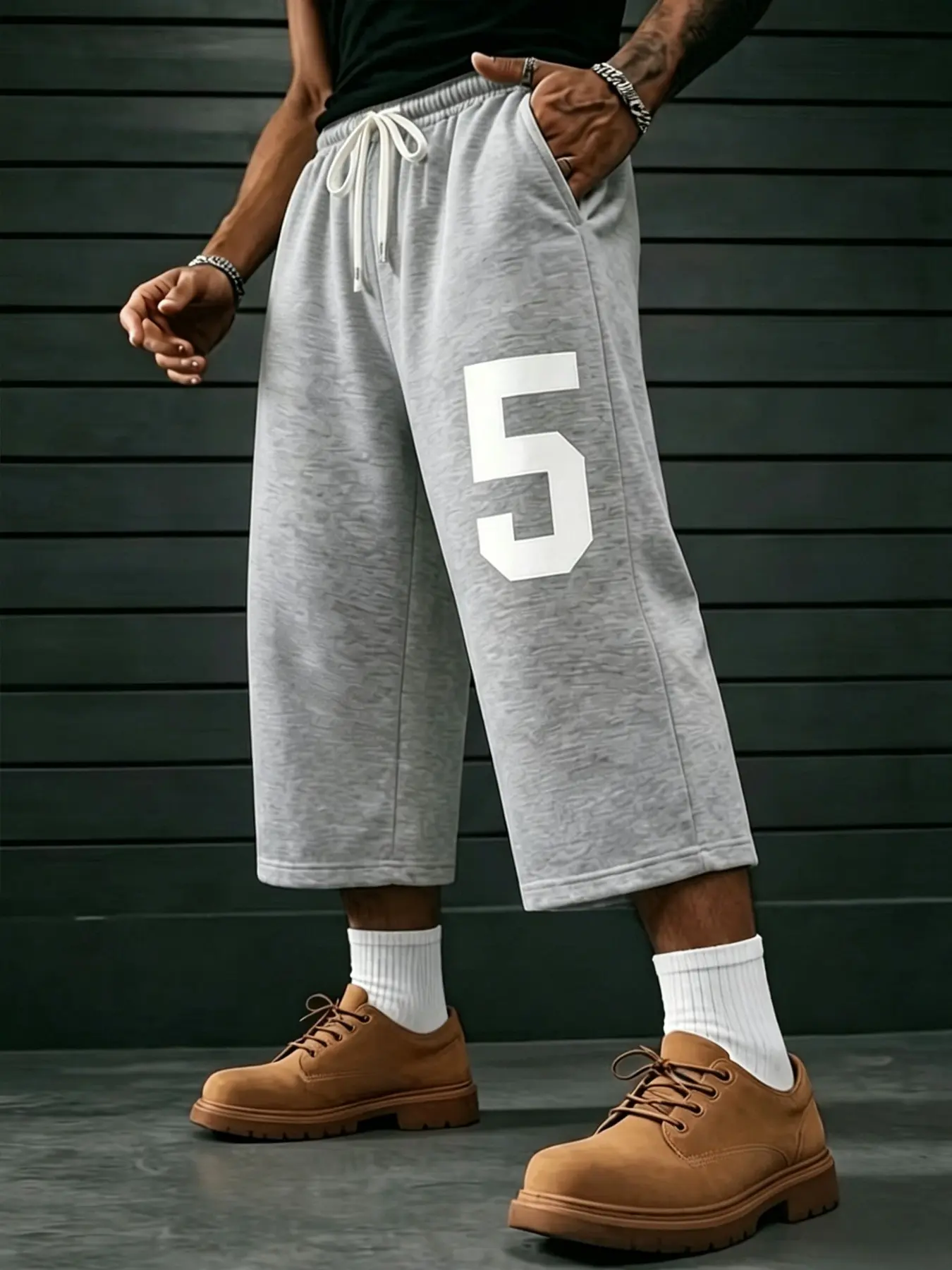 Side Large Number 5 Print Drawstring Waist Loose Seven-Eighths Wide Leg Casual Sports Sweatpants, Comfortable and Stylish