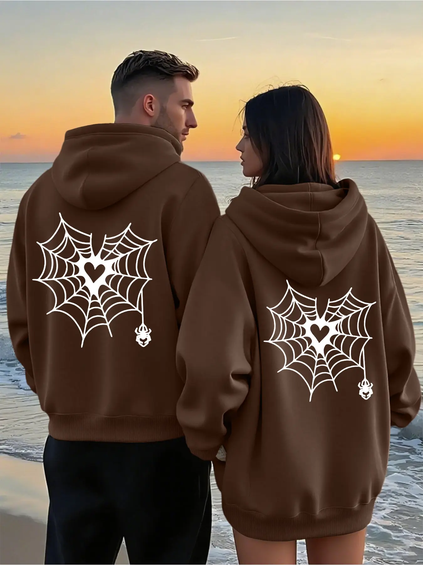 2Pcs Matching Couple Zip Up Hoodies With Geometric Spider Print, Unisex Oversized Sweatshirts With Kangaroo Pockets, Wrinkle-resistant Polyester, Machine Washable, Ideal Layering Outfits & Lover Gifts For Autumn Winter Daily Dating Commute Wear