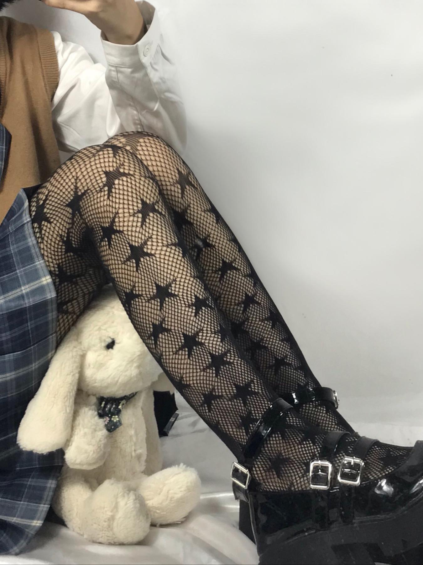 Women's 1 Pair Star Print Sheer Fishnet Tights, Fashion Casual Comfy Hollow Out High Waist Pantyhose for Daily Outdoor Wear, Women's Stockings for Spring & Summer Underwear