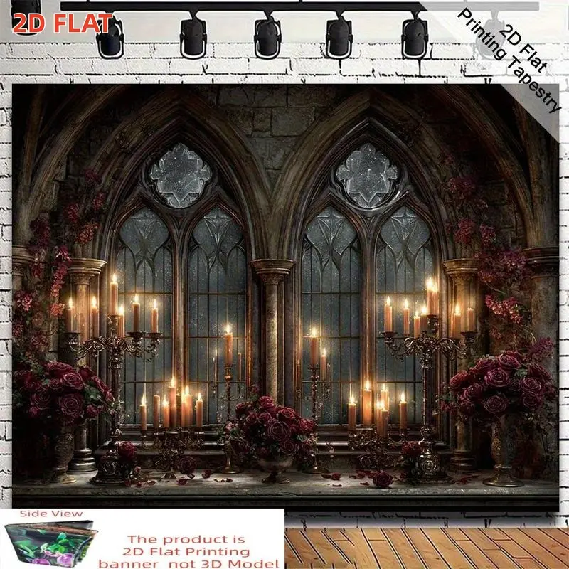 2D Flat, 1pc banner Gothic Romance Castle Arch Window Backdrop with Roses And Candles, Medieval Vintage Photography Background for Halloween, Gothic Weddings, Themed Parties, Christmas, Birthdays, Or