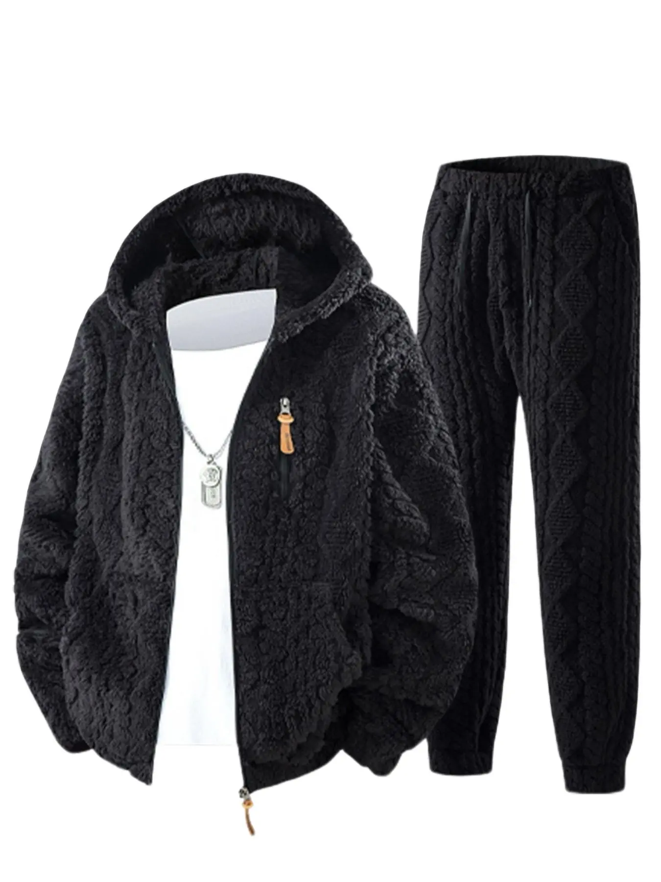 Men's 2 Piece Fleece Tracksuit Diamond Quilted Plush Hooded Zip Jacket & Jogger Pants Cozy Loungewear Outfit