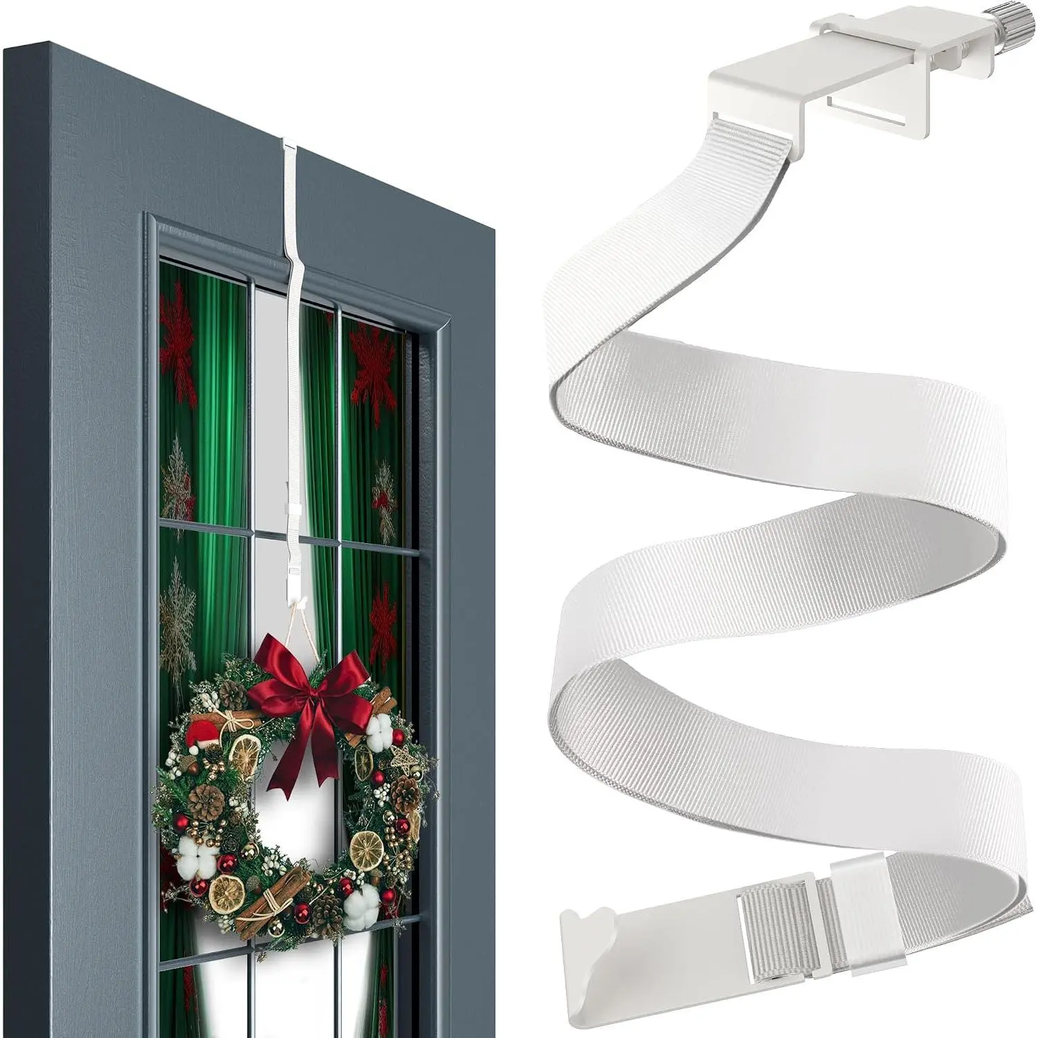White Adjustable Non-Scratch Wreath Door Hanger with Strap and Pad - Festive Decoration Holder for Christmas, Halloween - Outdoor Hook for Christmas Swags (Home & Festive Decor Supplies)