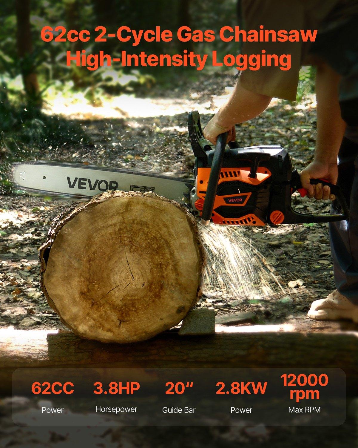 VEVOR 62 cc Gas Chainsaw, 20 inch Gas Powered Chainsaw, 3.8 HP Power Chain Saw with Non-Slip Handle, Gas-Powered Chainsaws with Dual Fuel Tanks, For Wood Cutting, Tree Trimming, and Land Clearing VEVOR 62 cc Gas Chainsaw, 20 inch Gas Powered Chainsaw, 3.8 HP Power Chain Saw with Non-Slip Handle, Gas-Powered Chainsaws with Dual Fuel Tanks, For Wood Cutting, Tree Trimming, and Land Clearing