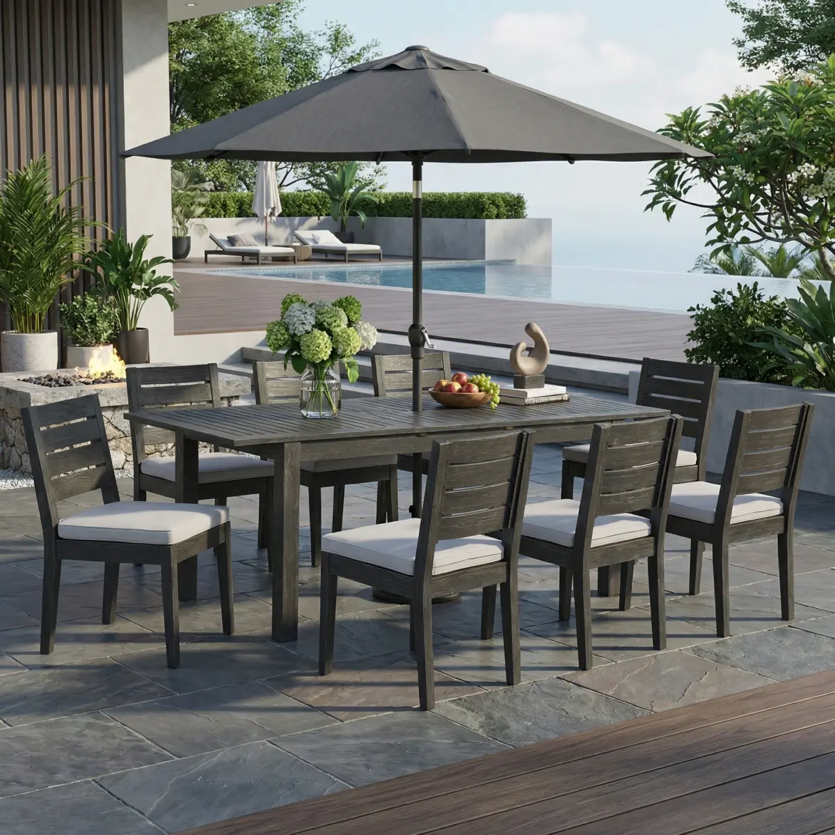 9-Piece Outdoor Dining Set, Extendable Acacia Wood Patio Table with Umbrella Hole, 8 Water-Repellent Cushion Armless Dining Chairs, Sandblast Dark Grey Finish, for Garden, Backyard, Poolside, Balcony