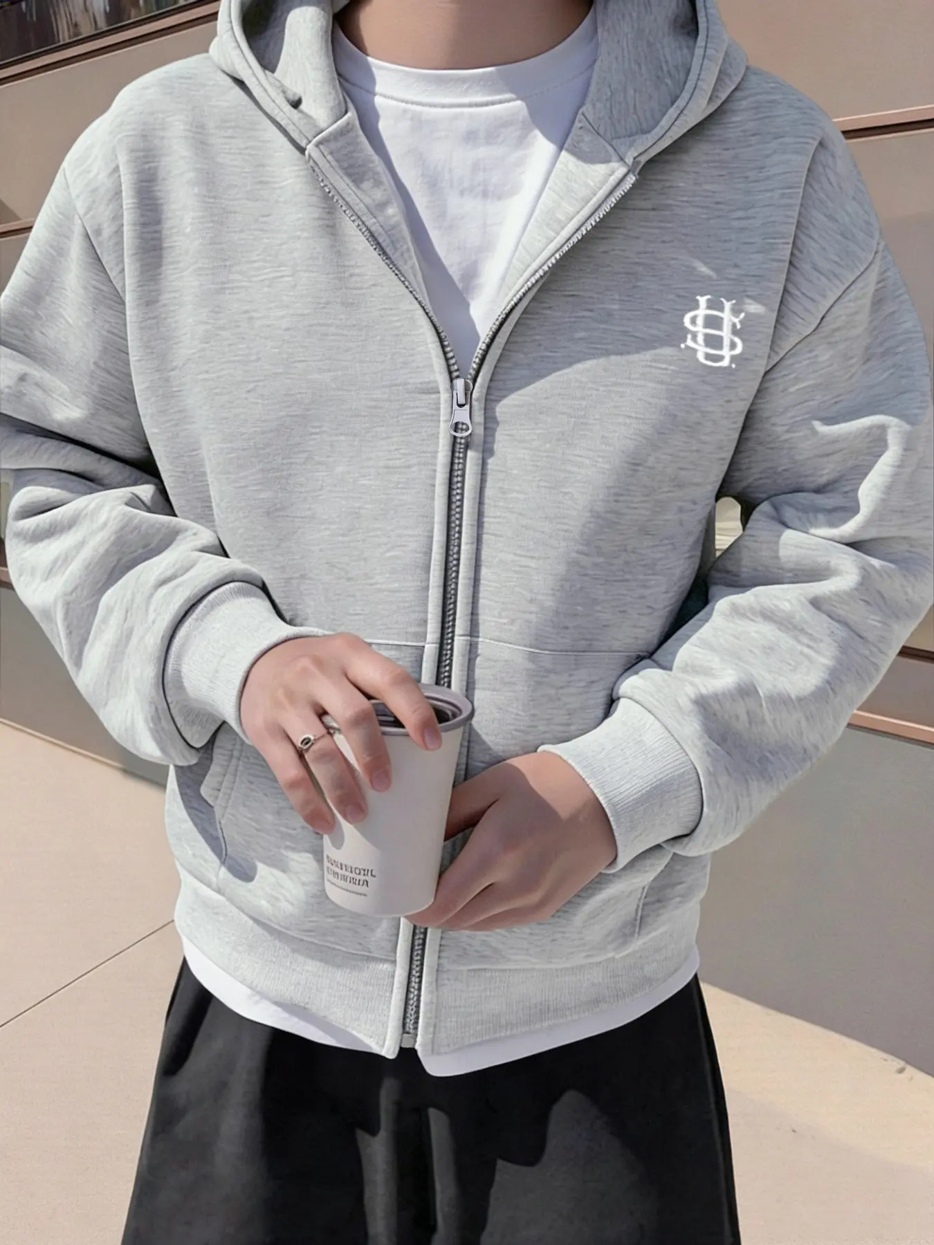 Unisex Full-Zip Hooded Sweatshirt, Simple Small Logo Embroidered Open Front, American High Street Loose Shoulder Casual Zipper Jacket Y2K Style