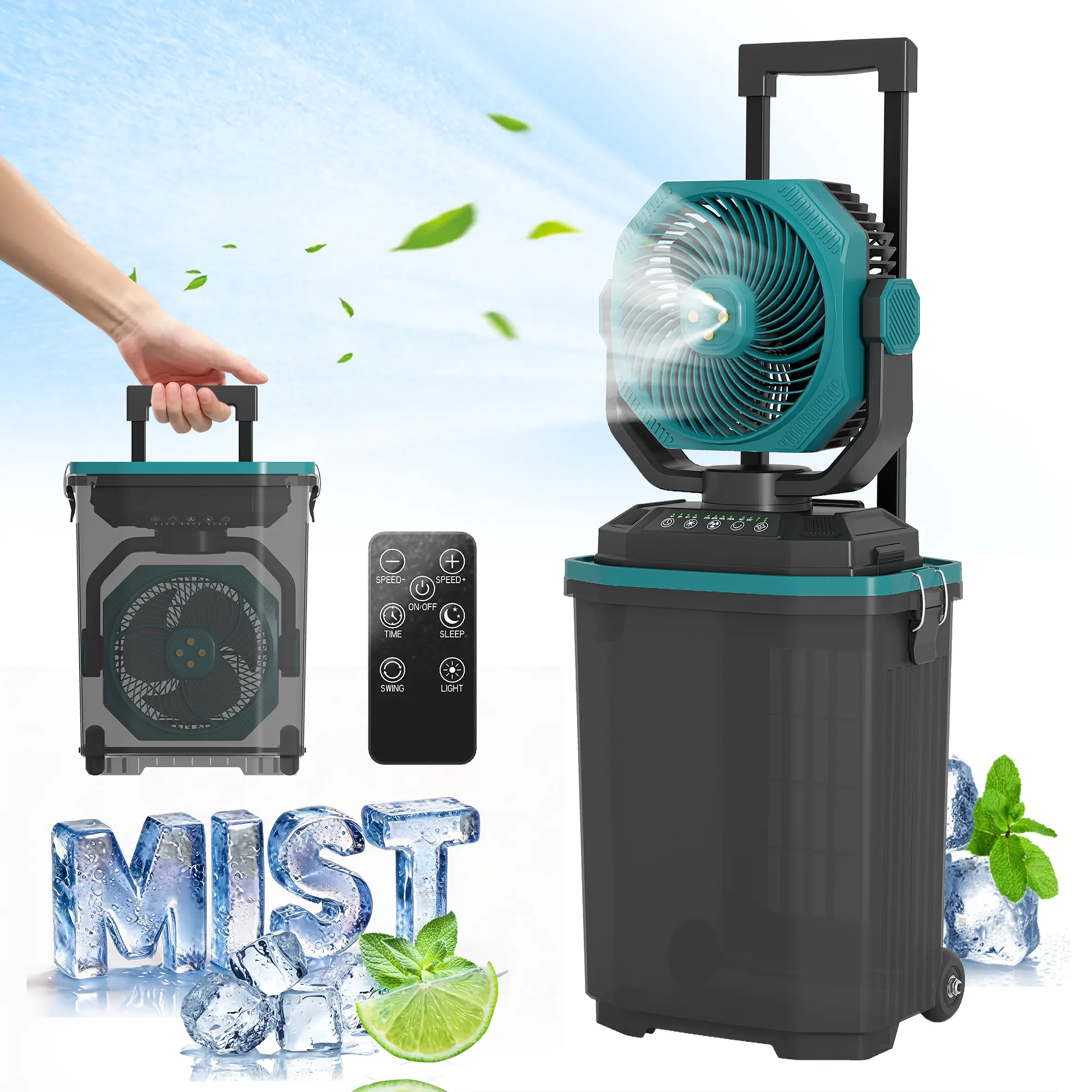 Garvee 15L Portable Misting Bucket Fan, 30,000mAh Rechargeable Battery Outdoor Mist Fan - Oscillating Cooling + Water Spray - Remote Control, Retractable Handle & Wheels for Camping/Patio/Beach