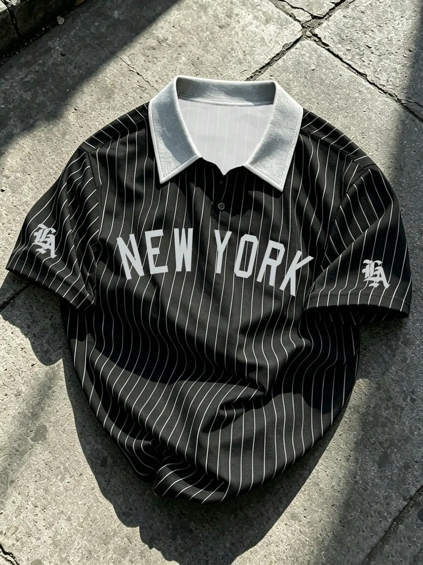 Men's Vertical Striped Button Up Polo Shirt, New York & Los Angeles Print, Vintage Baseball Loose Fit, Casual Short Sleeve Top, Classic Polo Shirts, Buttoned Polo Shirts