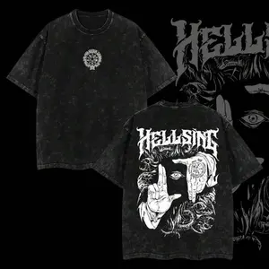 Hellsing Alucard Pentagram Symbol Graphic T-shirt, Unisex Vintage Washed Black Crewneck Tee, Anime Print Short Sleeve for Fans