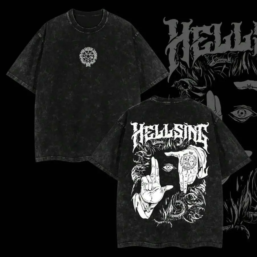 Hellsing Alucard Pentagram Symbol Graphic T-shirt, Unisex Vintage Washed Black Crewneck Tee, Anime Print Short Sleeve for Fans