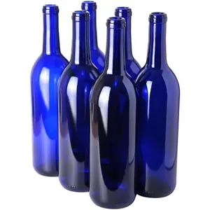750 ml Blue Wine Bottles (Pack of 6), Bordeaux/Flint Flat-Bottomed Glass Bottles Ideal for Wine Making and Storage - NO CORKS INCLUDED