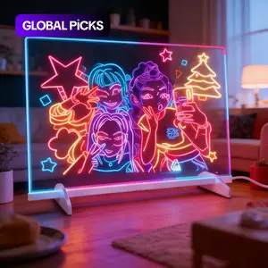 Christmas gifts,LED color luminous board, large-sized drawing board, 7 colors of lights, LED drawing board acrylic board with lights, LED drawing board with bracket, 7 marker pens, 2 cloths, erasable learning memo message board, Neon Accent Lights