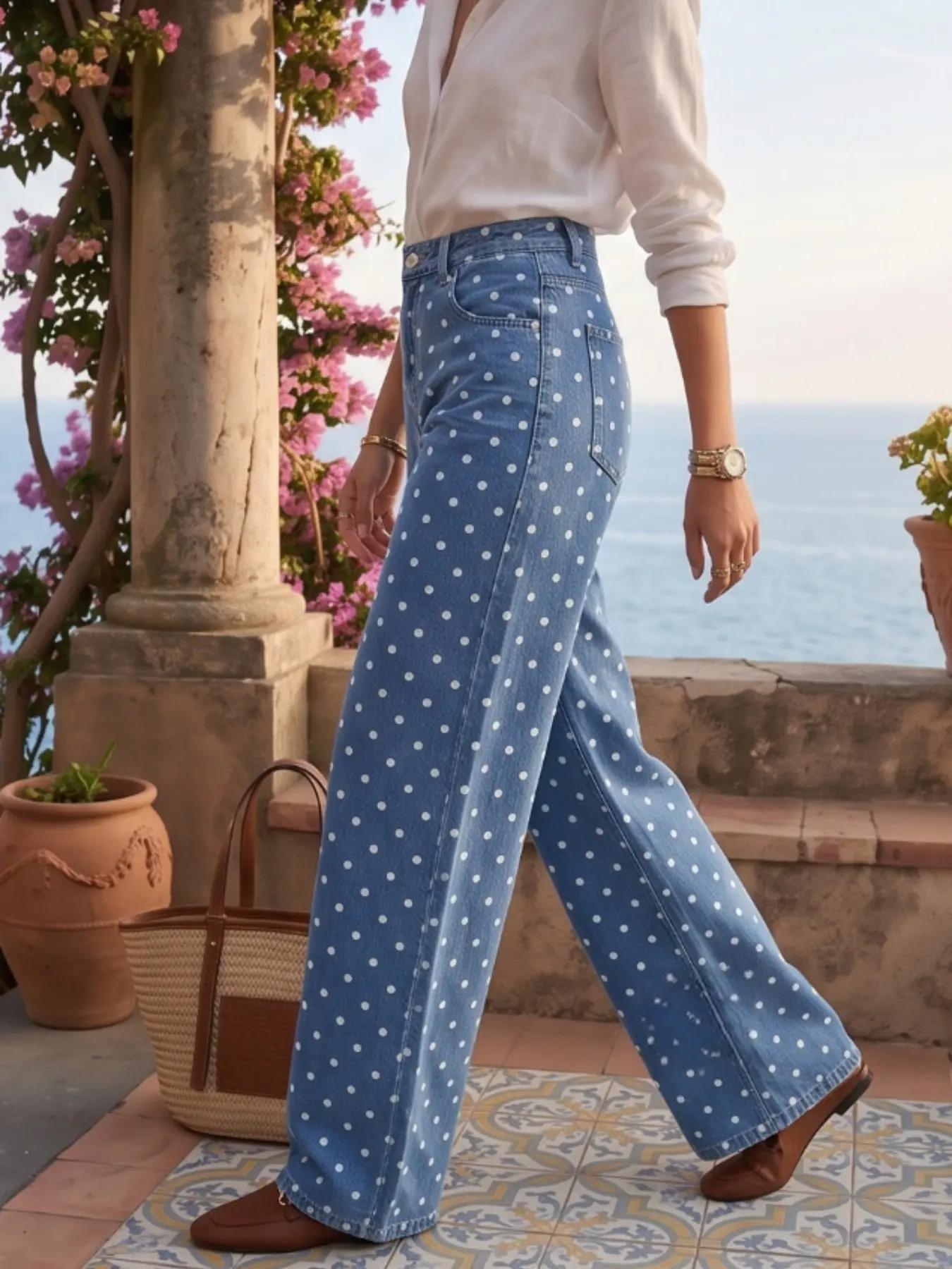 Tall Women's Polka Dot Wide Leg Loose Jeans, High Waist Light Wash Blue Print Long Jean, Perfect for Tall Ladies, Fashionable and Comfortable, Flattering Jeans