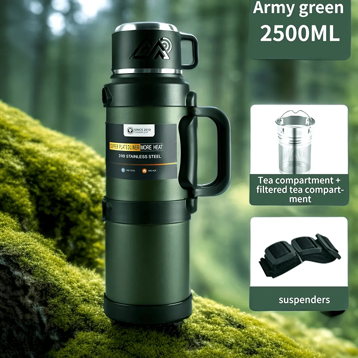 1 Large Capacity Insulated Kettle, Insulated Bucket, Insulated Cooler, Coffee Pot, Travel Kettle with Handle 316 Stainless Steel Outdoor Car Sports Double-Layer Kettle/Suitable for Outdoor Travel, Camping/Ramadan Gift