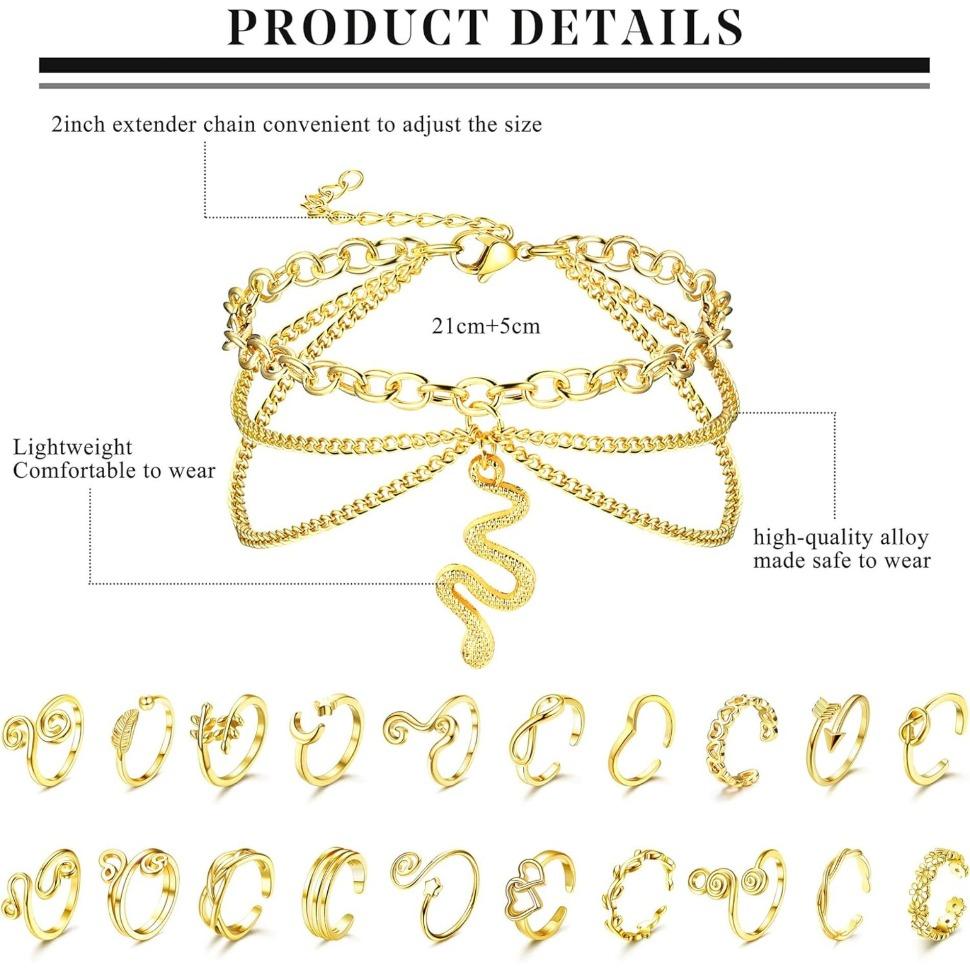 Jstyle Toe Rings and Ankle Bracelets for Women Silver Rose Gold Plated Anklet Toe Rings Cute Layered Anklets Open Tail Rings Adjustable Beach Foot Jewelry for Summer Daily