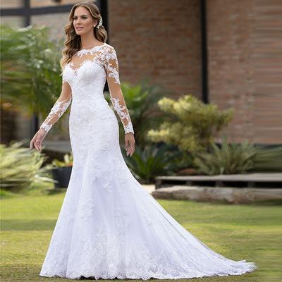 2026 New Style Large Train Wedding Dress, Retro and Sexy Tulle Long-Sleeve Wedding Dress