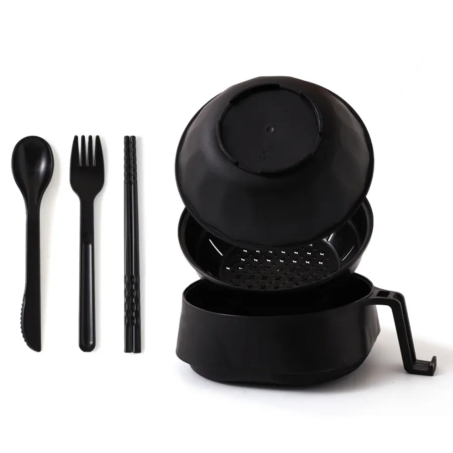 Ramen Cooker Bowl Set with Chopsticks, Wheat Fiber Microwave Ramen Cooker for Instant Noodles – Includes Strainer & Handle, College Dorm Room Essentials (Black)