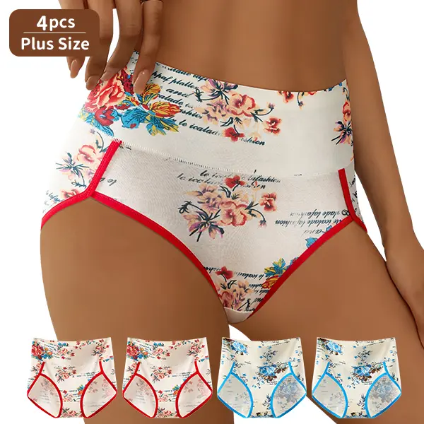 4PCS Vintage Floral High Waist Plus Size Cotton Panties | Super Stretch Full Coverage No Thigh Rubbing Underwear For Curvy Women 0XL-4XL
