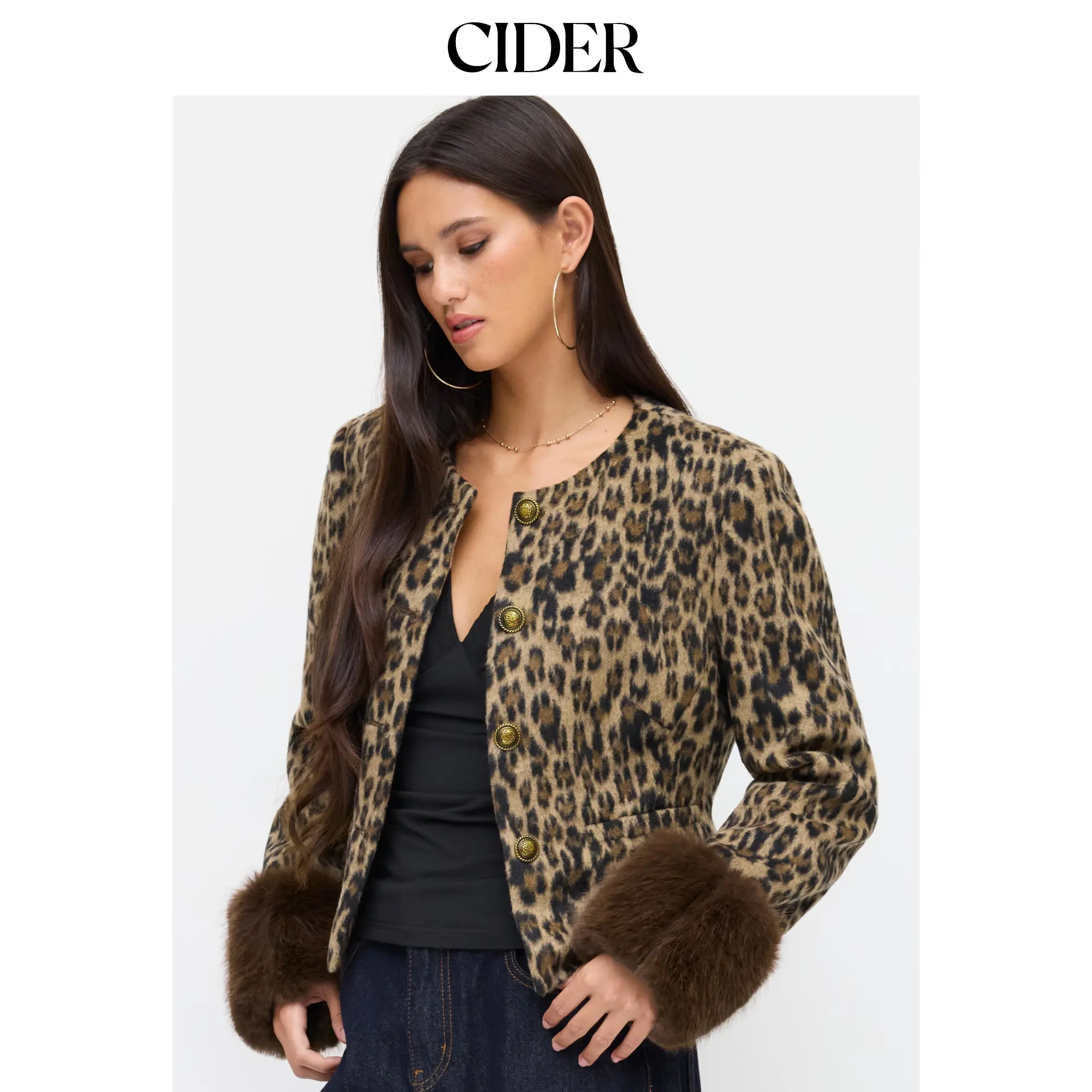 Cider Wool-look Leopard Long Sleeve Faux Fur Trim Metal Button Jacket SummerFinds
