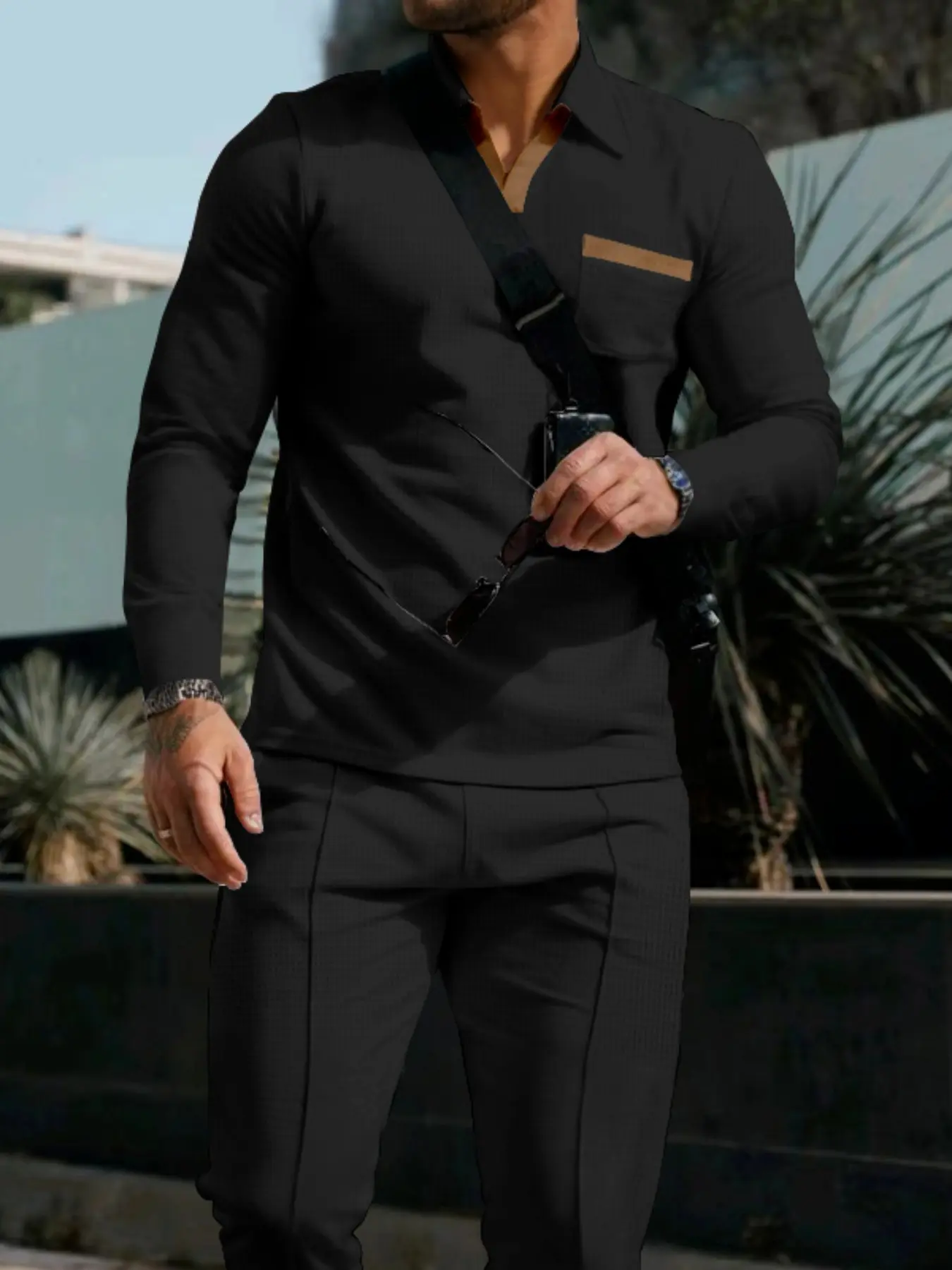Men's Casual Two-Piece Set, High-Waisted Knit Blazer & Pants, Loose Fit Long Sleeve Suit, All-Season Fashion Clothing