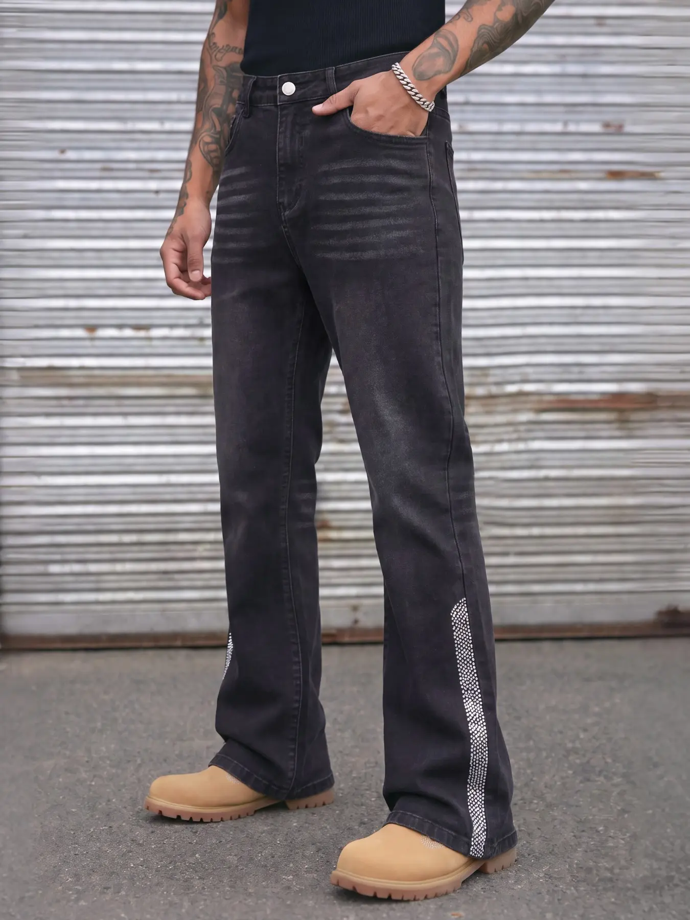 Men's Slim-Fit Denim Jeans, Silver Color Rhinestones, Y2K Street Style, Casual All-Season Pants, Perfect Gift for Him
