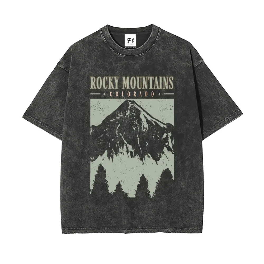 Unisex Rocky Mountains Colorado Graphic Washed T-Shirt, 100% Cotton Vintage Oversized Short Sleeve Tee, Retro Outdoor Adventure Streetwear Top with Round Neck Design for Men and Women, Summer Casual Daily Wear