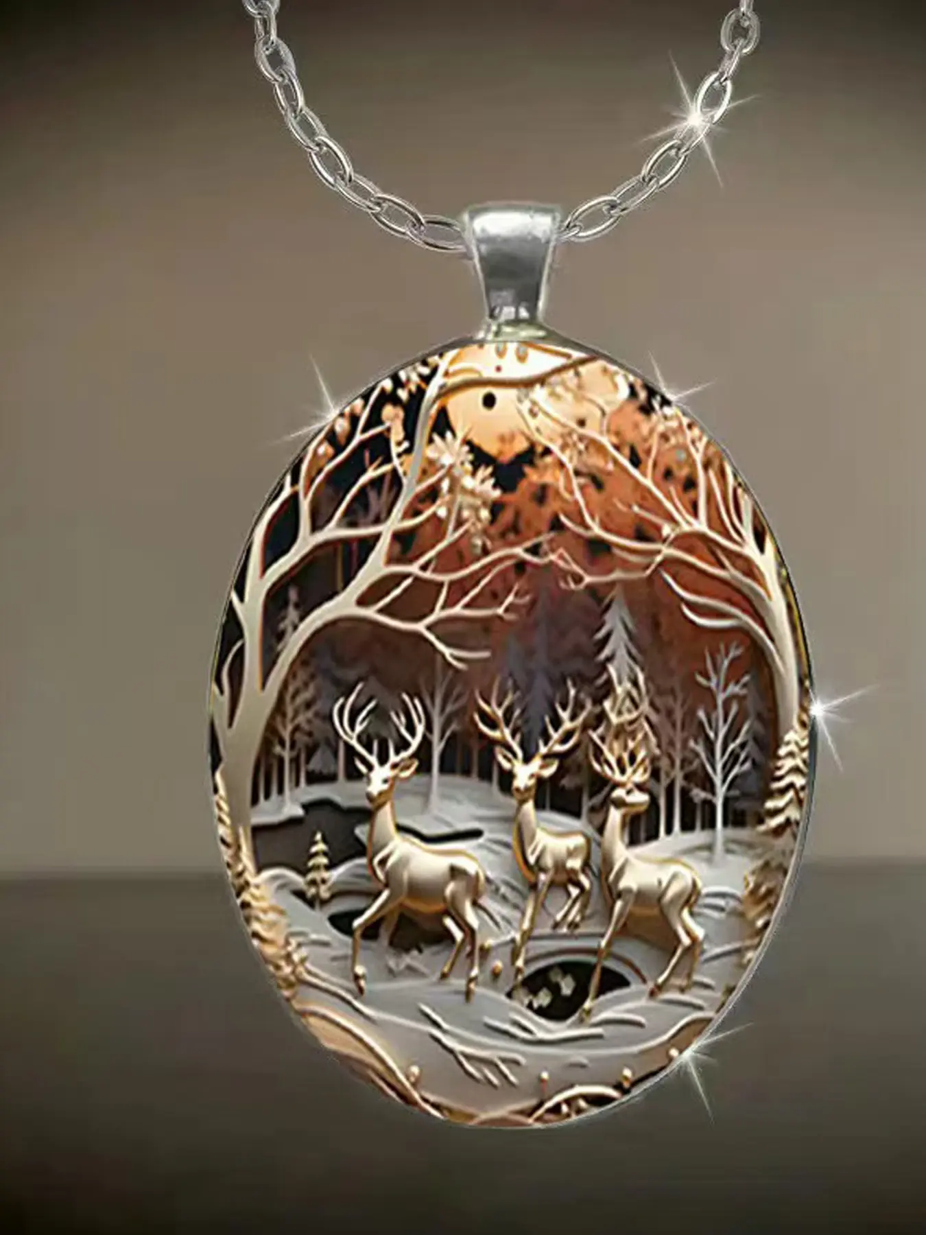 3D Forest Reindeer Oval Pendant Necklace, Vintage Woodland Deer Scene Silver Color Necklace, Nature Theme Jewelry Gift, Etsy Handmade Style