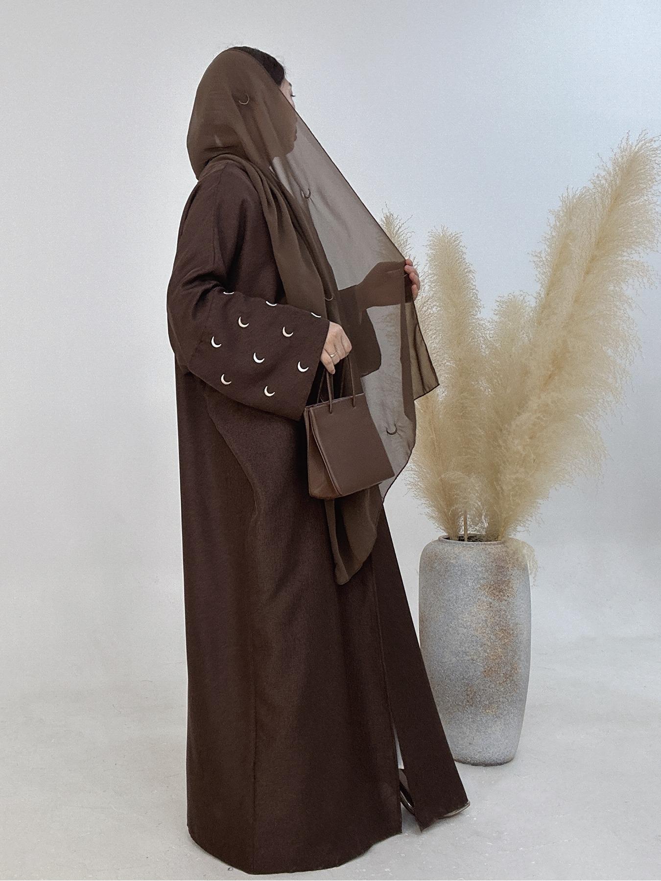 Arabic Clothing- Women's Moon Embroidery Abaya without Hijabs, Summer Outfits 2024, Modest Casual Long Sleeve Open Front Muslim Abaya, Islamic Clothing