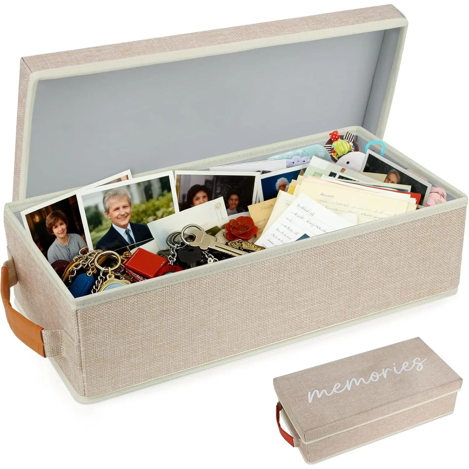 Modern Imitation Linen Memory Box, Medium-Size Decorative Storage Bin with Handles, Anniversary Gift for Memories Theme Keepsakes
