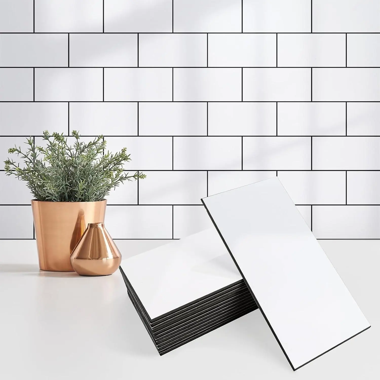100 Pieces Peel and Stick Backsplash for Kitchen, 3" x 6" PVC Subway Tile, Glossy White with Dark Gray Grout, Self Adhesive Stick on Wall Tiles for Kitchen, Bathroom, Fireplace, RV
