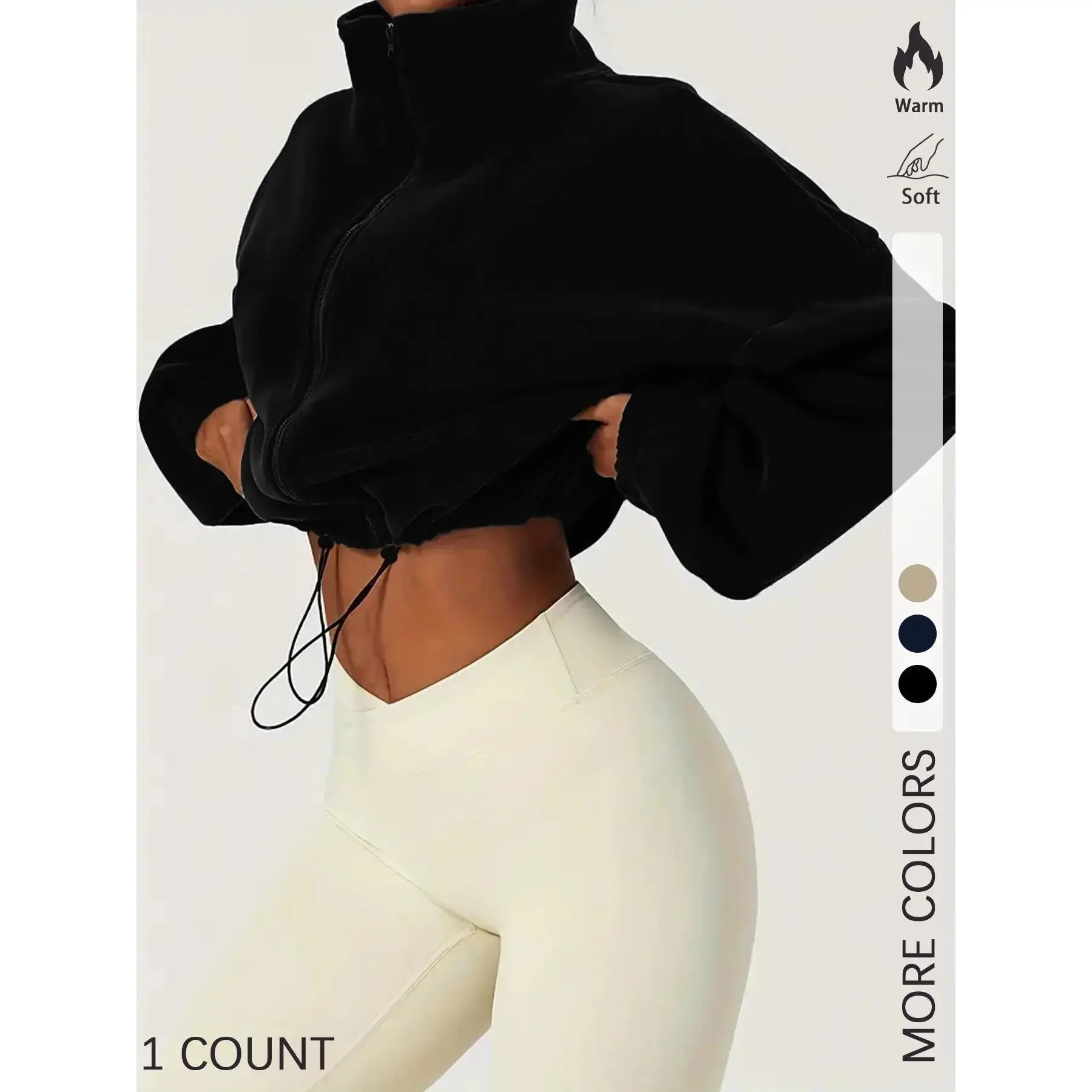 Lady's Solid Crop Fit Hooded Jacket - Drawstring, Zip-Up, Long-Sleeve Mock Neck, Fuzzy Fabric Casual Outerwear for Spring & Fall Daily Wear